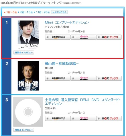 140926 Oricon Daily Ranking for (140925) Movie DVDs No.1 Mimi Complete Edition 000